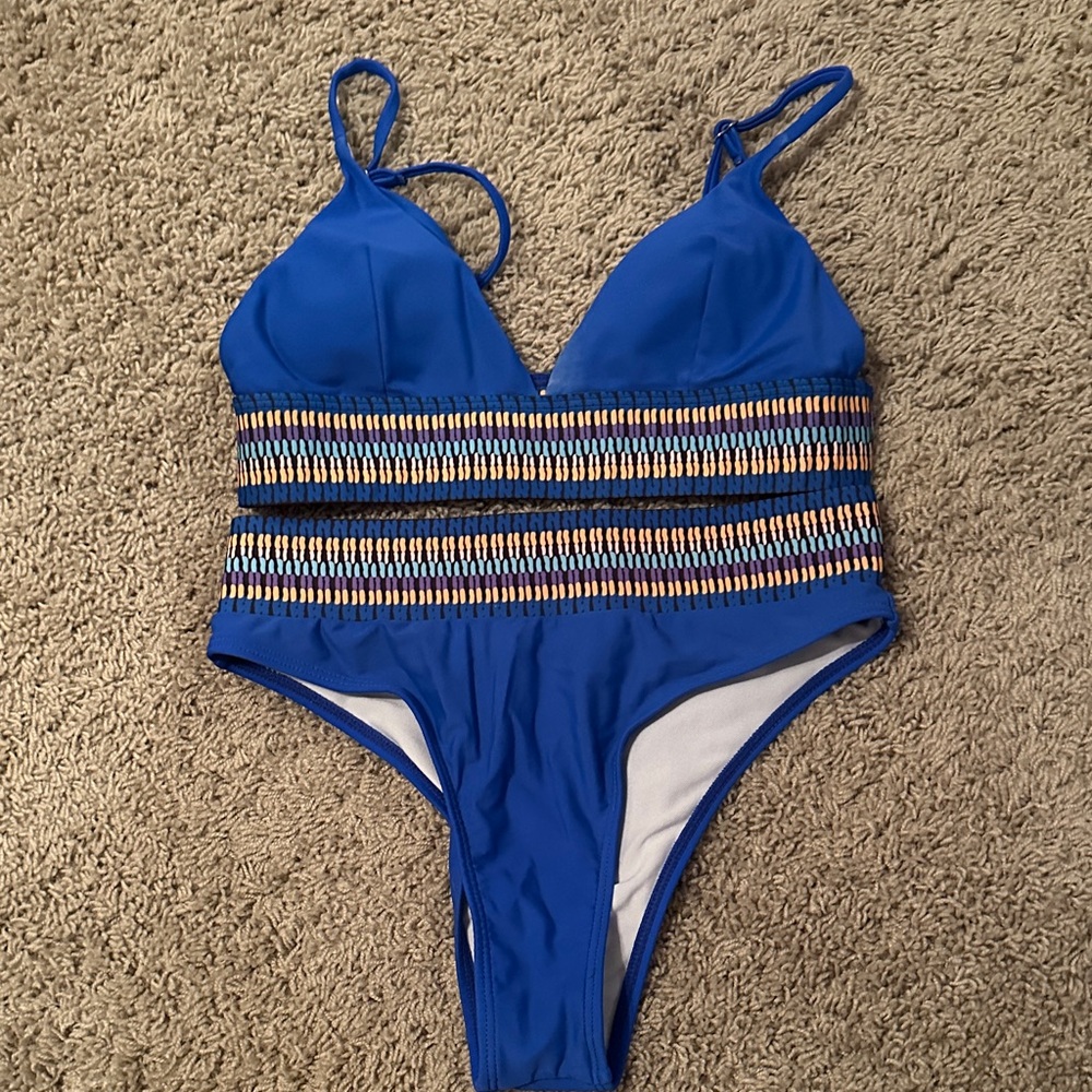 SHEIN Blue and Multicolor Striped Bikini